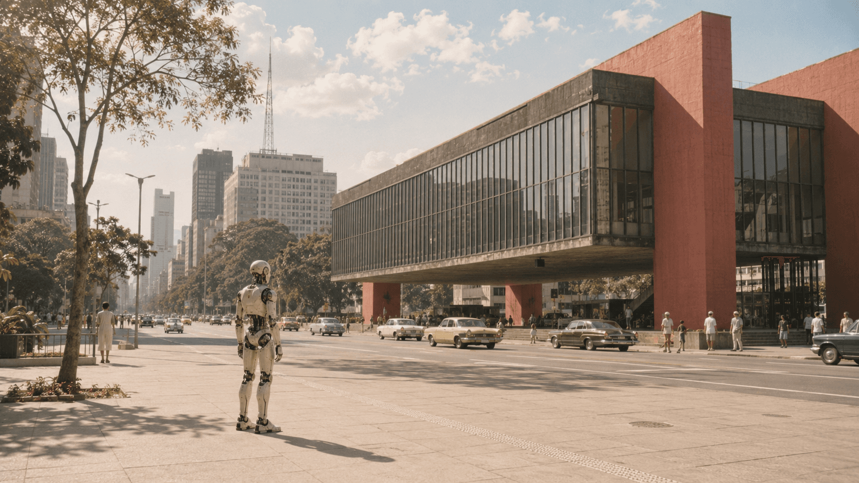 Composição retrofuturista do MASP, o Museu de Arte de São Paulo projetado por Lina Bo Bardi, na Avenida Paulista. Sob o vão livre sustentado pelos pilares vermelhos, entre carros de época, um robô humanoide observa o edifício.