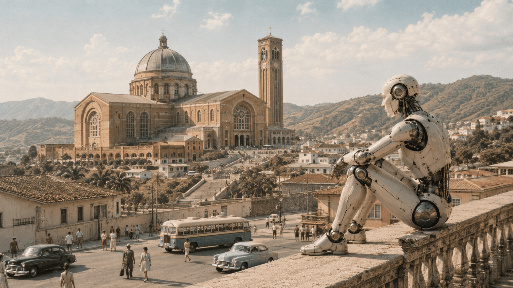 Composição retrofuturista da Basílica de Aparecida, no vale do Paraíba. De uma mureta com vista para o santuário, um robô humanoide sentado observa a subida dos romeiros, entre ônibus e carros de época.