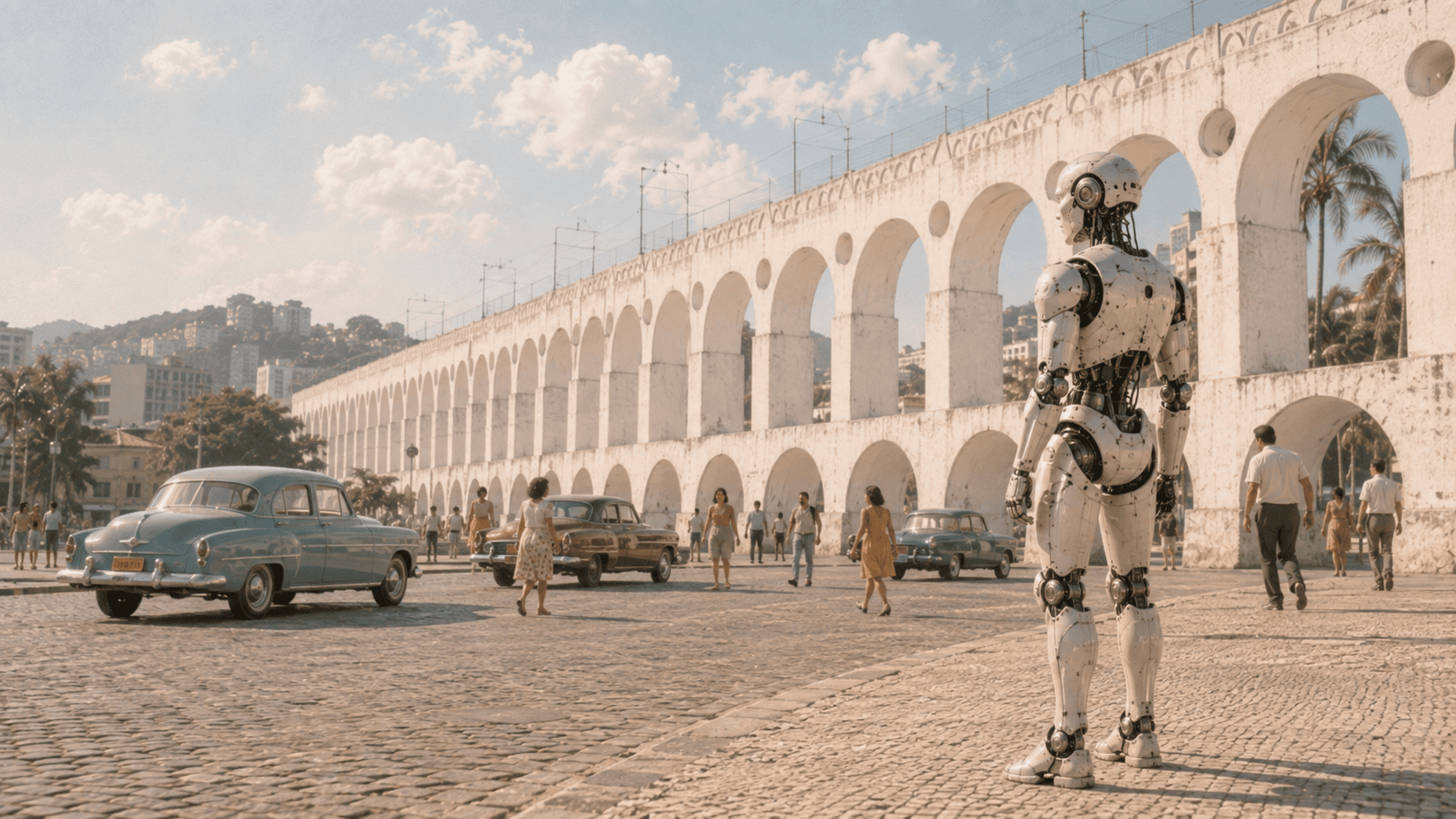 Composição retrofuturista dos Arcos da Lapa, no centro do Rio de Janeiro. Sobre os paralelepípedos, entre carros e transeuntes dos anos 1950, um robô humanoide observa a arcaria do antigo aqueduto.