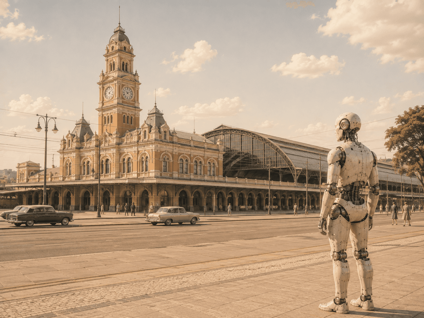 Composição retrofuturista da Estação da Luz, em São Paulo. Diante da torre do relógio e do galpão de ferro, entre trilhos de bonde e carros dos anos 1950, um robô humanoide observa a estação em primeiro plano.