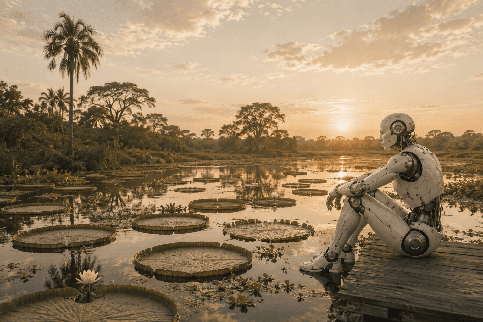 Composição retrofuturista de um fim de tarde no Pantanal. Sentado na ponta de um píer de madeira, um robô humanoide observa as vitórias-régias abertas sobre a água e o sol baixando atrás da mata.