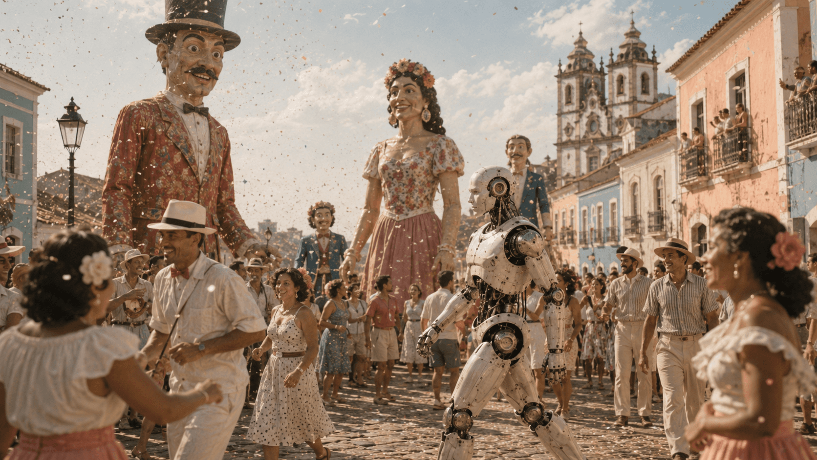 Composição retrofuturista do carnaval de Olinda, em Pernambuco. Entre bonecos gigantes, confete e foliões nas ladeiras do centro histórico, um robô humanoide caminha no meio do bloco.