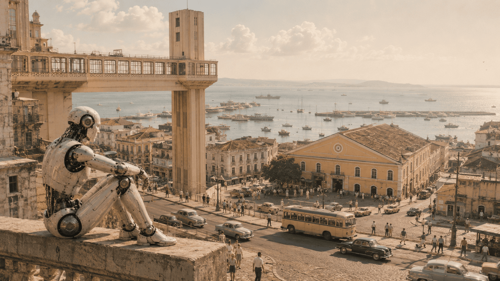 Composição retrofuturista do Elevador Lacerda e do Mercado Modelo, na Cidade Baixa de Salvador. Sobre o parapeito da Cidade Alta, um robô humanoide sentado observa a Baía de Todos os Santos em uma tarde dos anos 1950.