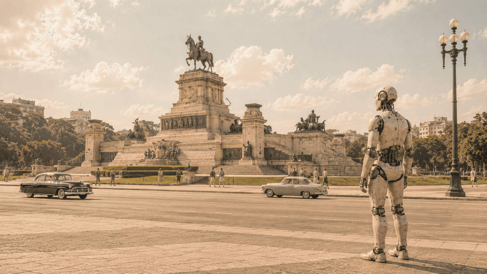 Composição retrofuturista do Monumento à Independência, no Parque da Independência, no Ipiranga. Sob a estátua equestre de Dom Pedro I, entre carros dos anos 1950, um robô humanoide observa o conjunto em primeiro plano.