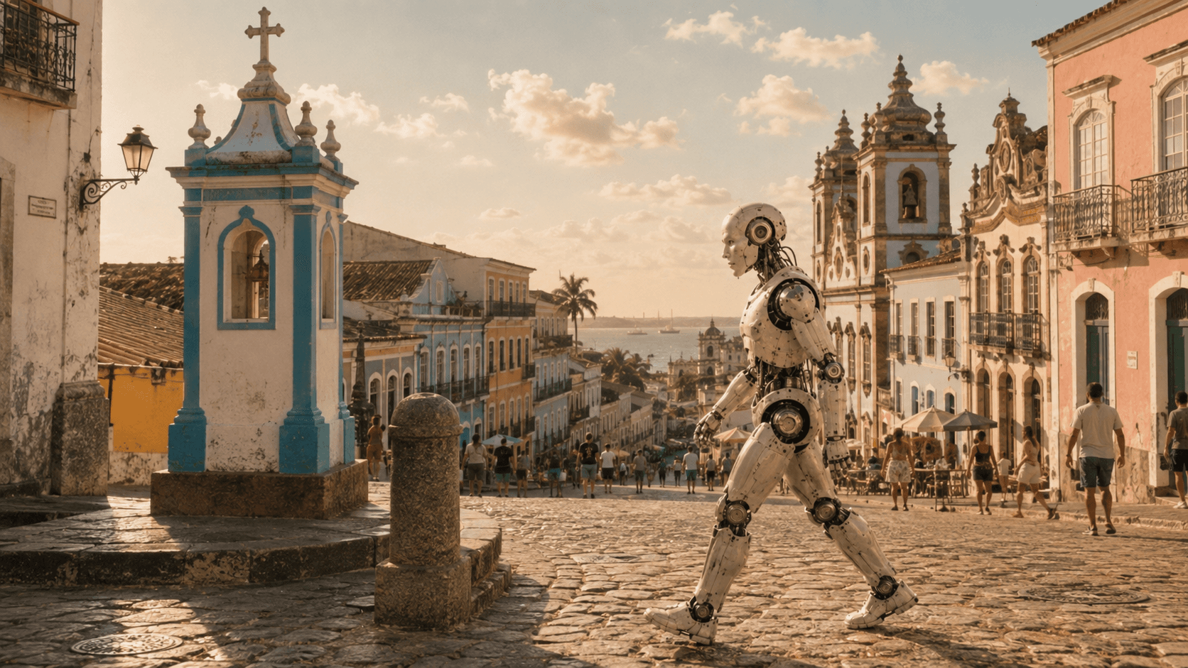Composição futurista do Pelourinho, no centro histórico de Salvador. Entre o casario colonial colorido e a ladeira de pedra, um robô humanoide atravessa a praça ao fim da tarde, com a Baía de Todos os Santos ao fundo.