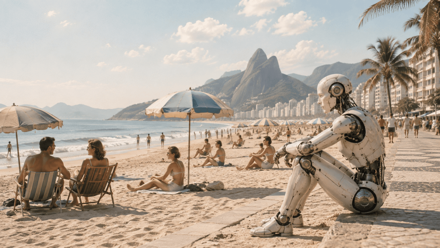 Composição retrofuturista da praia de Ipanema, no Rio de Janeiro. Entre guarda-sóis e cadeiras de lona, um robô humanoide sentado na borda do calçadão observa o mar, com o Morro Dois Irmãos ao fundo.