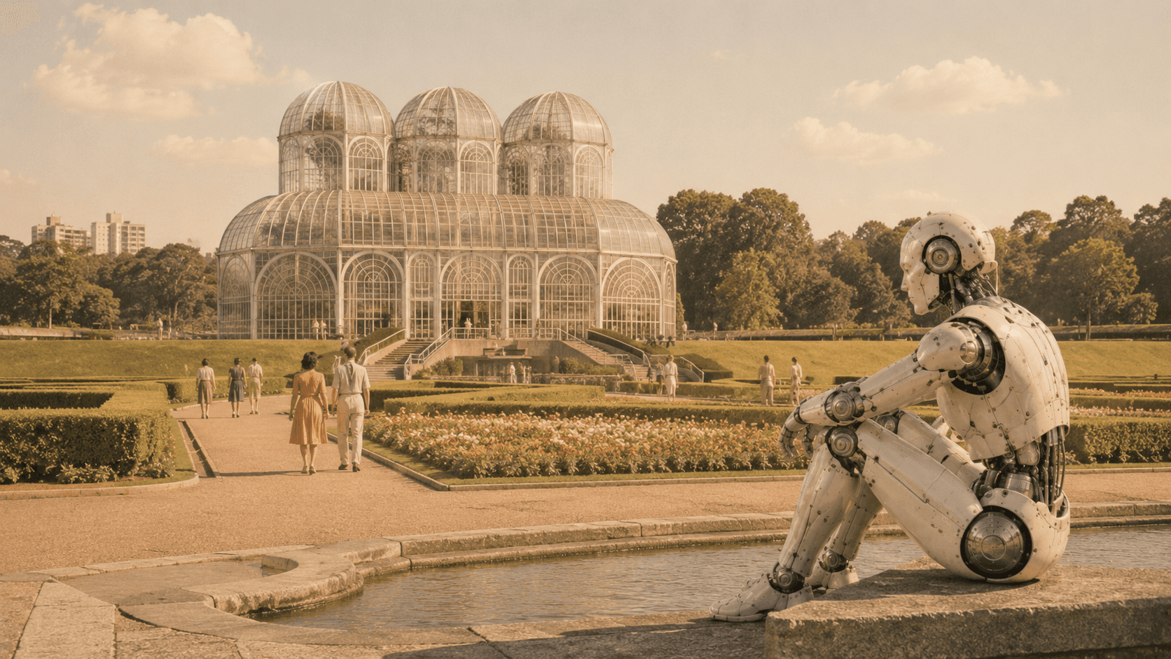 Composição retrofuturista do Jardim Botânico de Curitiba. Diante da estufa de vidro e dos canteiros geométricos do jardim francês, um robô humanoide sentado na borda do espelho d'água observa o parque.