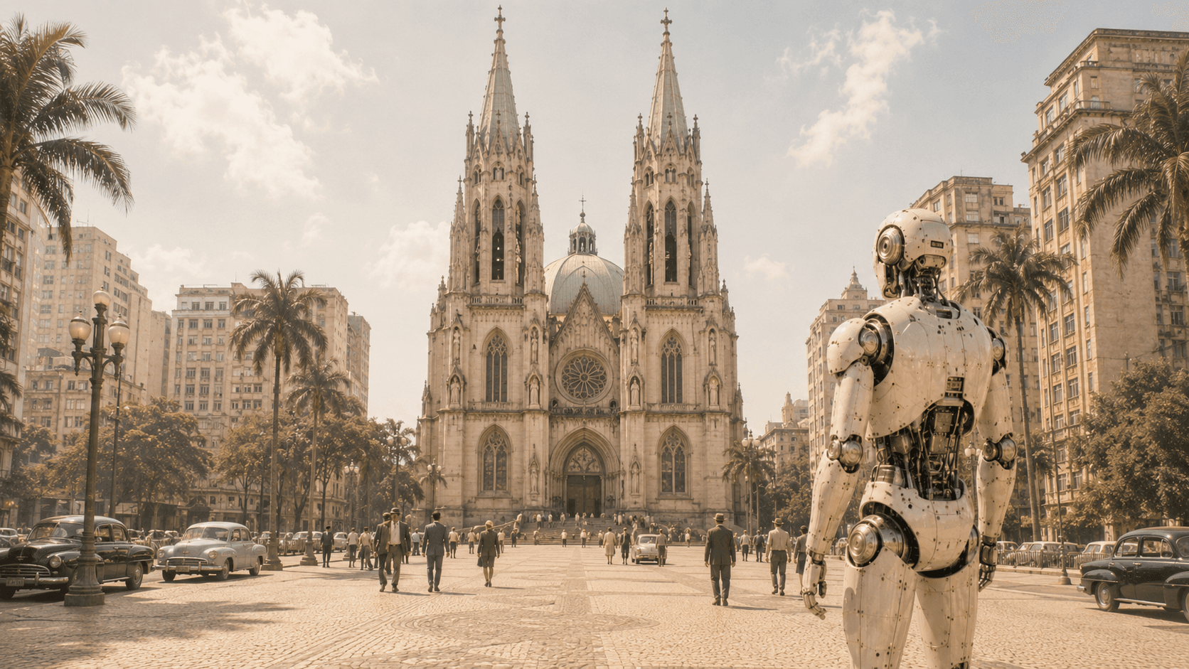 Composição retrofuturista da Catedral da Sé, no centro de São Paulo. Diante das torres neogóticas e do zimbório, entre pedestres e carros dos anos 1950, um robô humanoide observa a praça em primeiro plano.