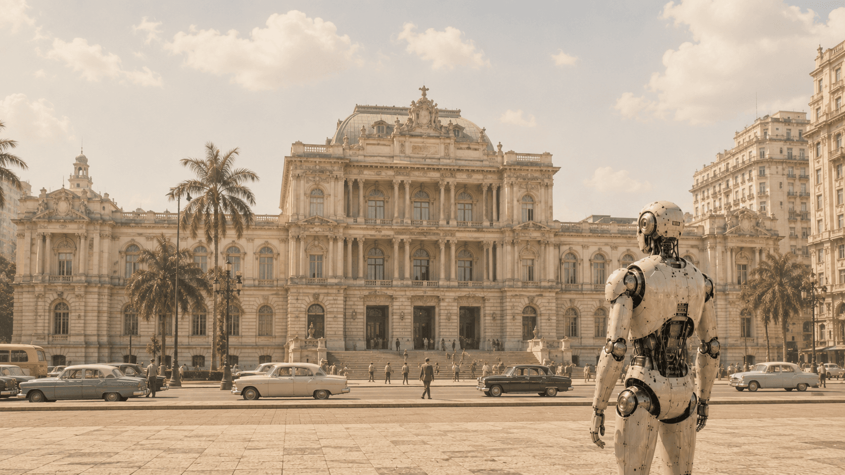 Composição retrofuturista do Palácio da Justiça, sede do Tribunal de Justiça de São Paulo, na Praça da Sé. Entre palmeiras e carros dos anos 1950, um robô humanoide observa a fachada em primeiro plano.
