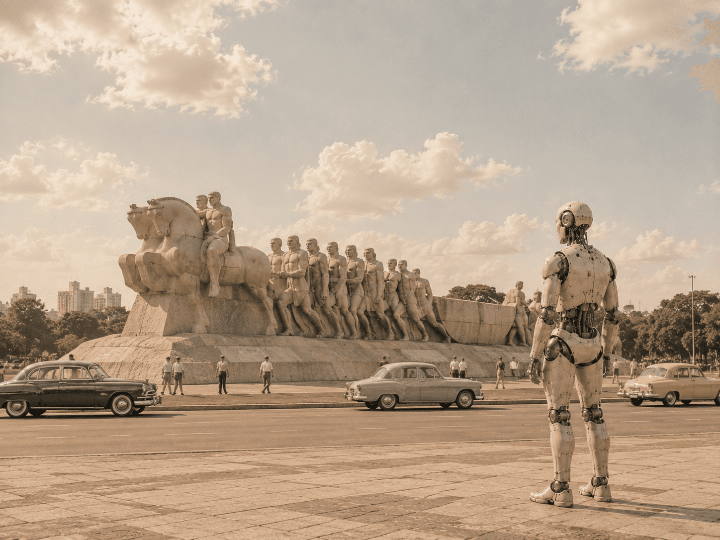 Composição retrofuturista do Monumento às Bandeiras, de Victor Brecheret, no Parque Ibirapuera. Em uma São Paulo dos anos 1950, entre carros de época e transeuntes, um robô humanoide observa o monumento em primeiro plano.