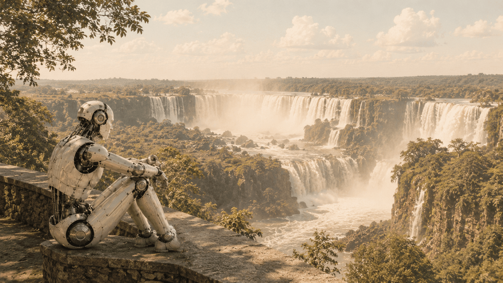 Composição retrofuturista das Cataratas do Iguaçu, no Paraná. De um mirante de pedra, um robô humanoide sentado observa os saltos e a névoa que sobe do rio, com a mata ao redor.