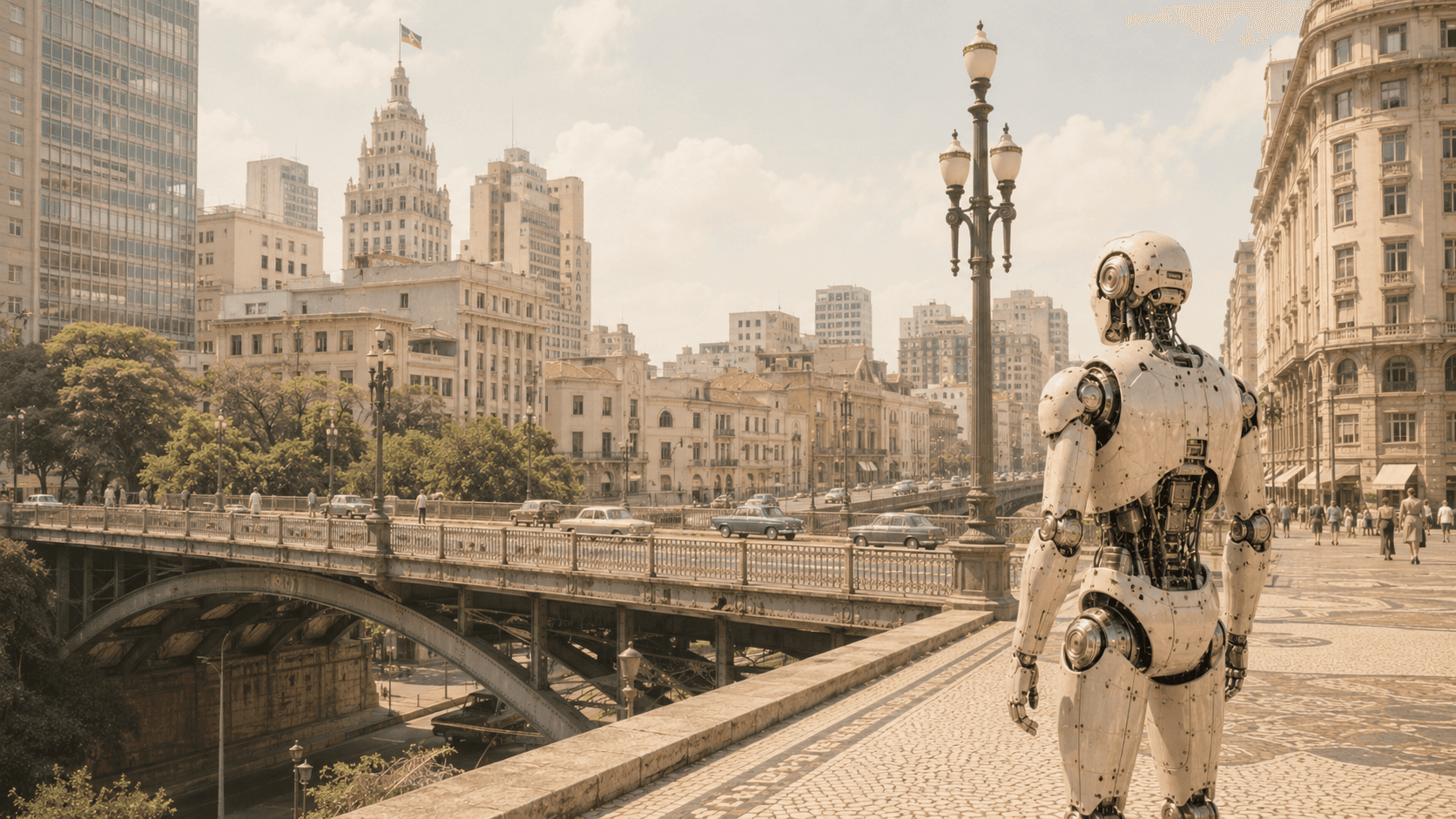 Composição retrofuturista do Viaduto do Chá, no centro de São Paulo. Sobre o vale do Anhangabaú, entre carros dos anos 1950 e o casario do centro velho, um robô humanoide observa a travessia em primeiro plano.